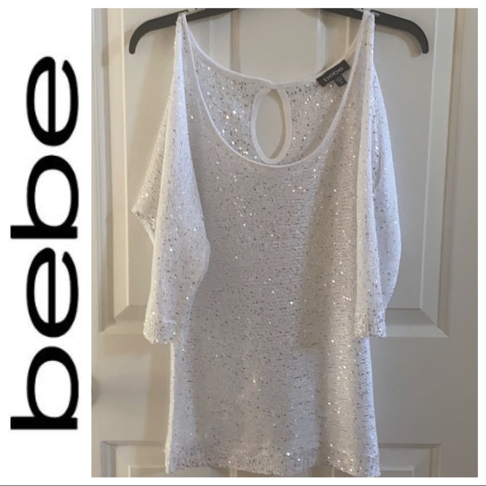 Bebe White Sequin Cold Shoulder Top